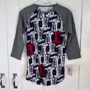 NWT LuLaRoe Randy XS Gray & Patriotic Top Hat Raglan Baseball Shirt 4th of July